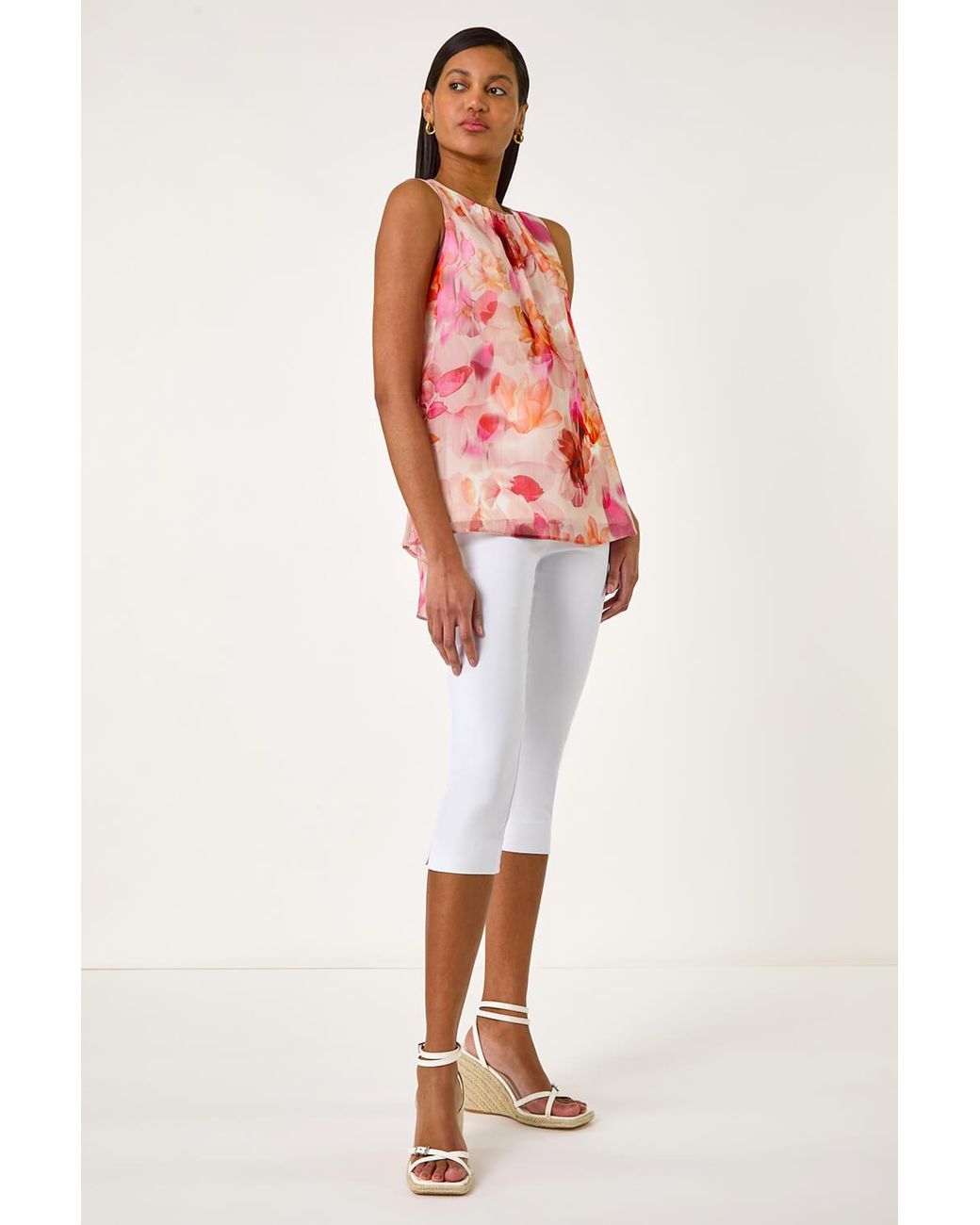 Roman Red Floral Print Metallic Shell Top