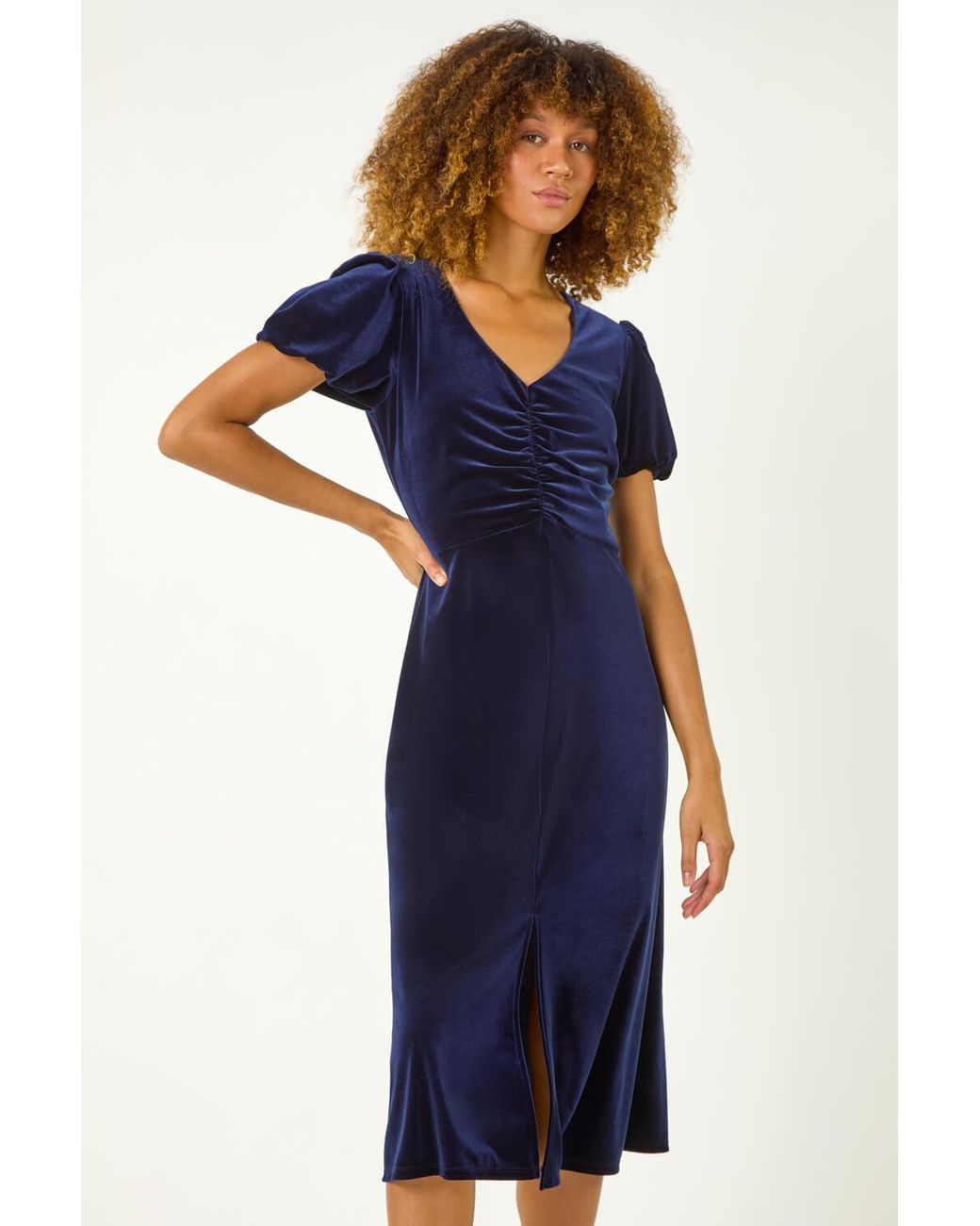 Roman Blue Velvet Ruched Bodycon Midi Dress
