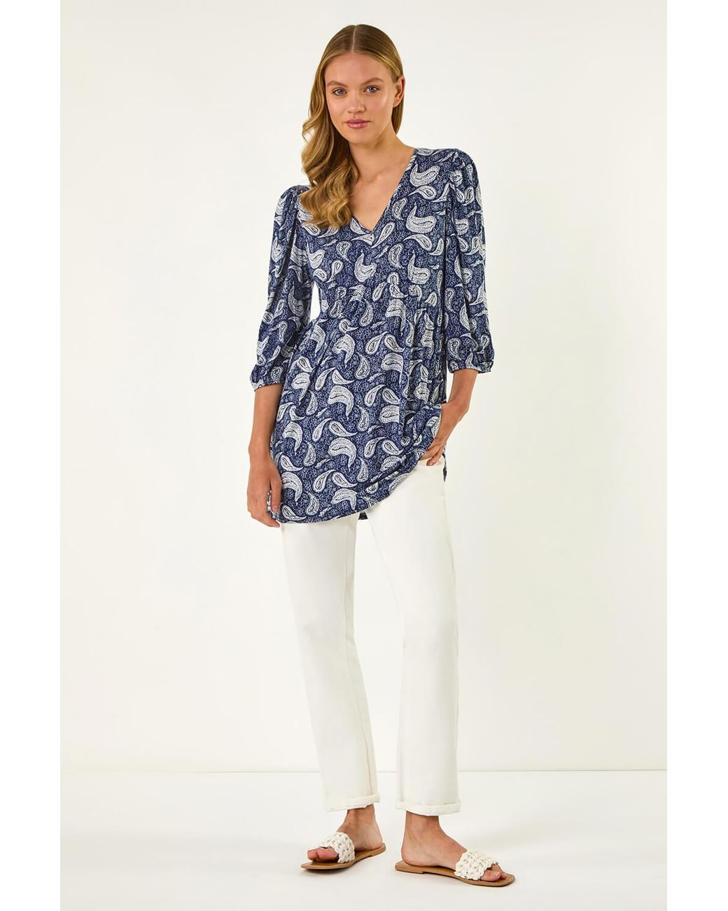 Roman Blue Paisley Print V-Neck Stretch Top