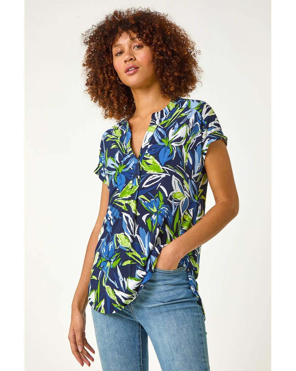 Roman Blue Textured Leaf Print V-Neck Stretch Top
