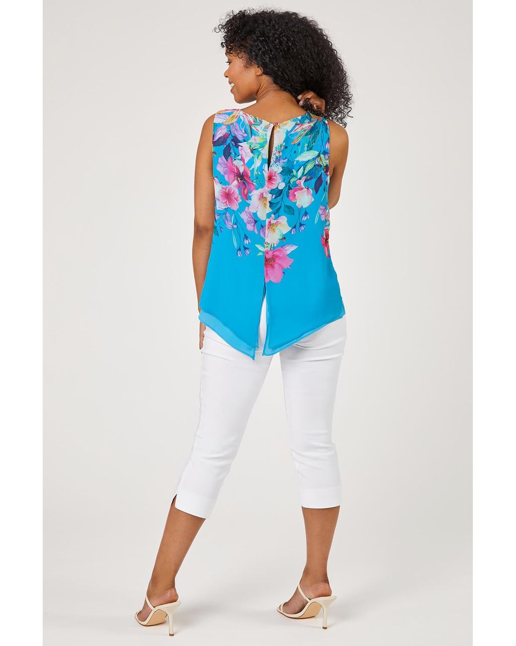 Roman Petite Blue Floral Print Chiffon Overlay Top