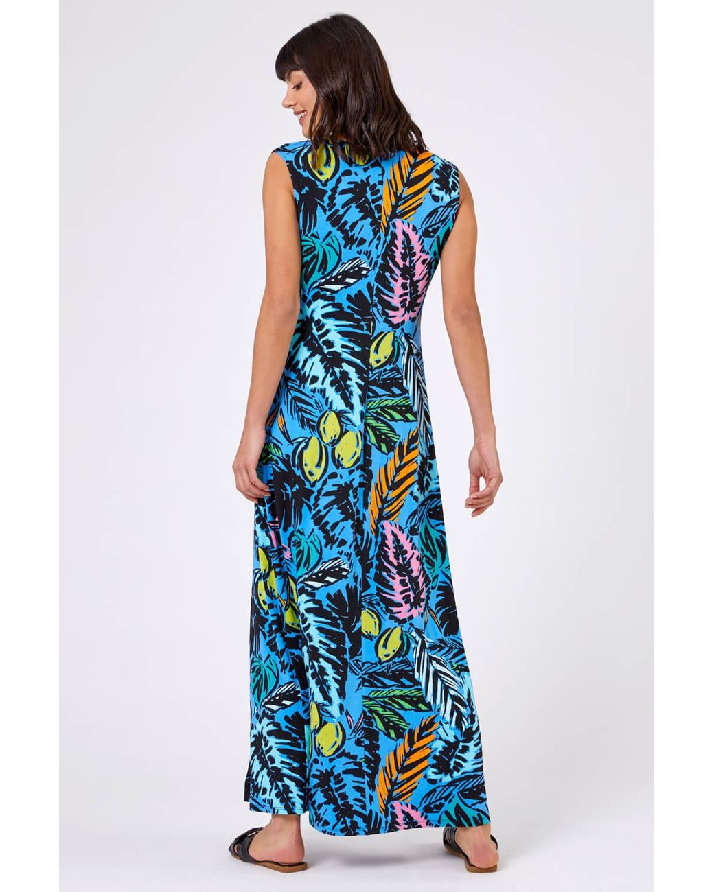 Roman Blue Palm Print Twist Waist Maxi Dress