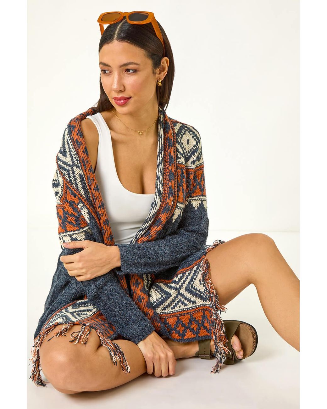 Roman Blue Geo Patterned Longline Fringe Cardigan