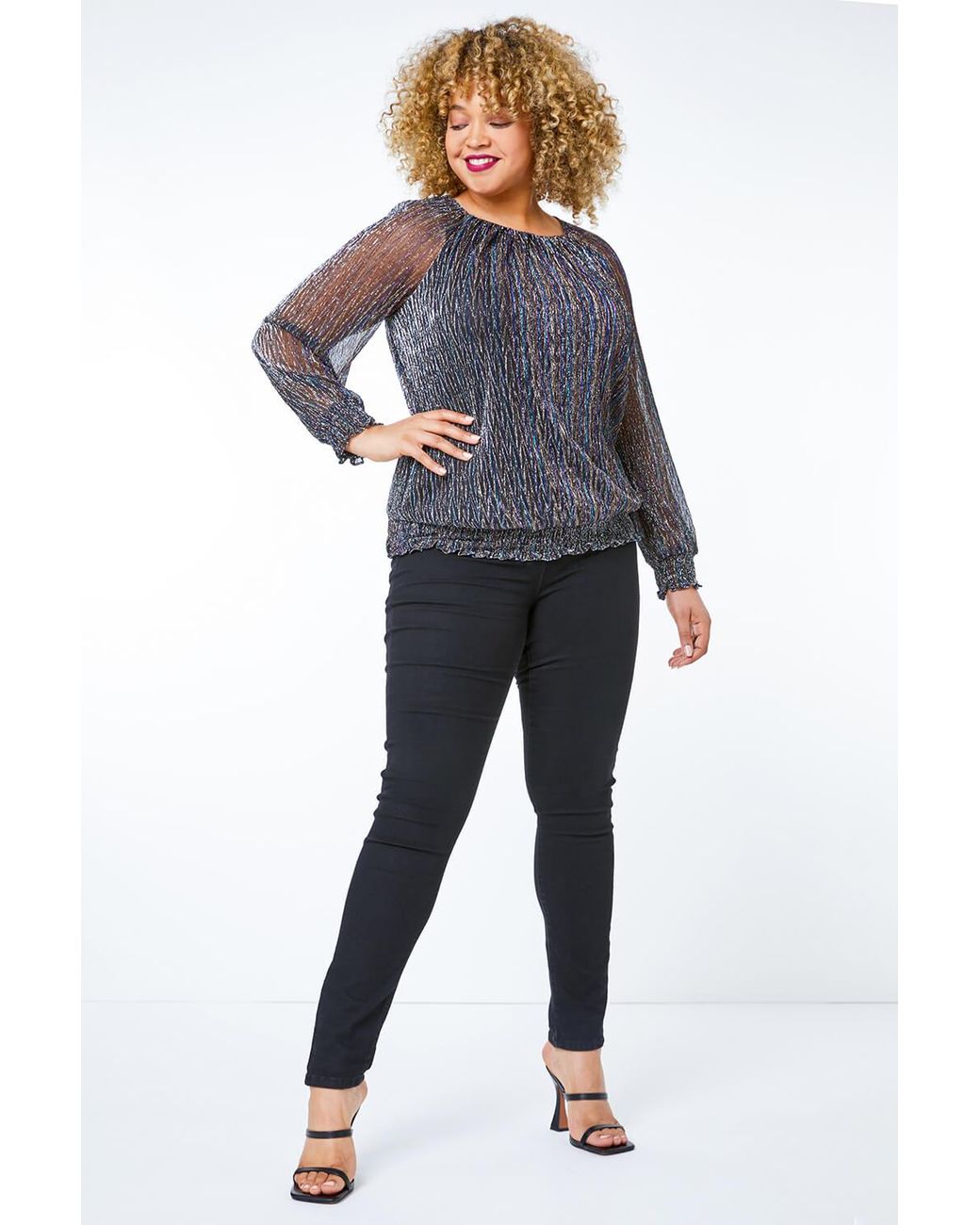 Roman Curve Black Foil Shimmer Plisse Top