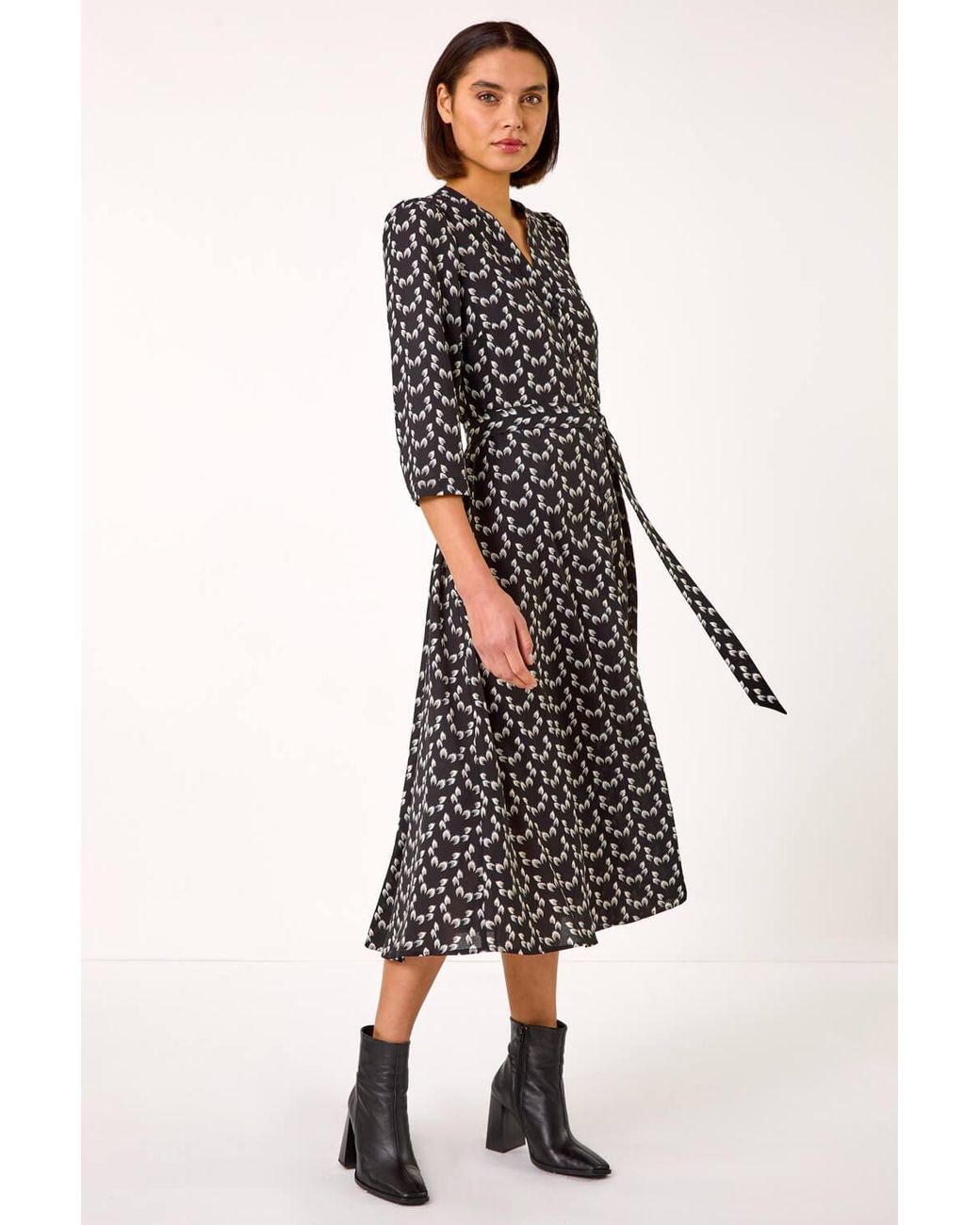 Roman Black Leaf Print Midi Shirt Dress