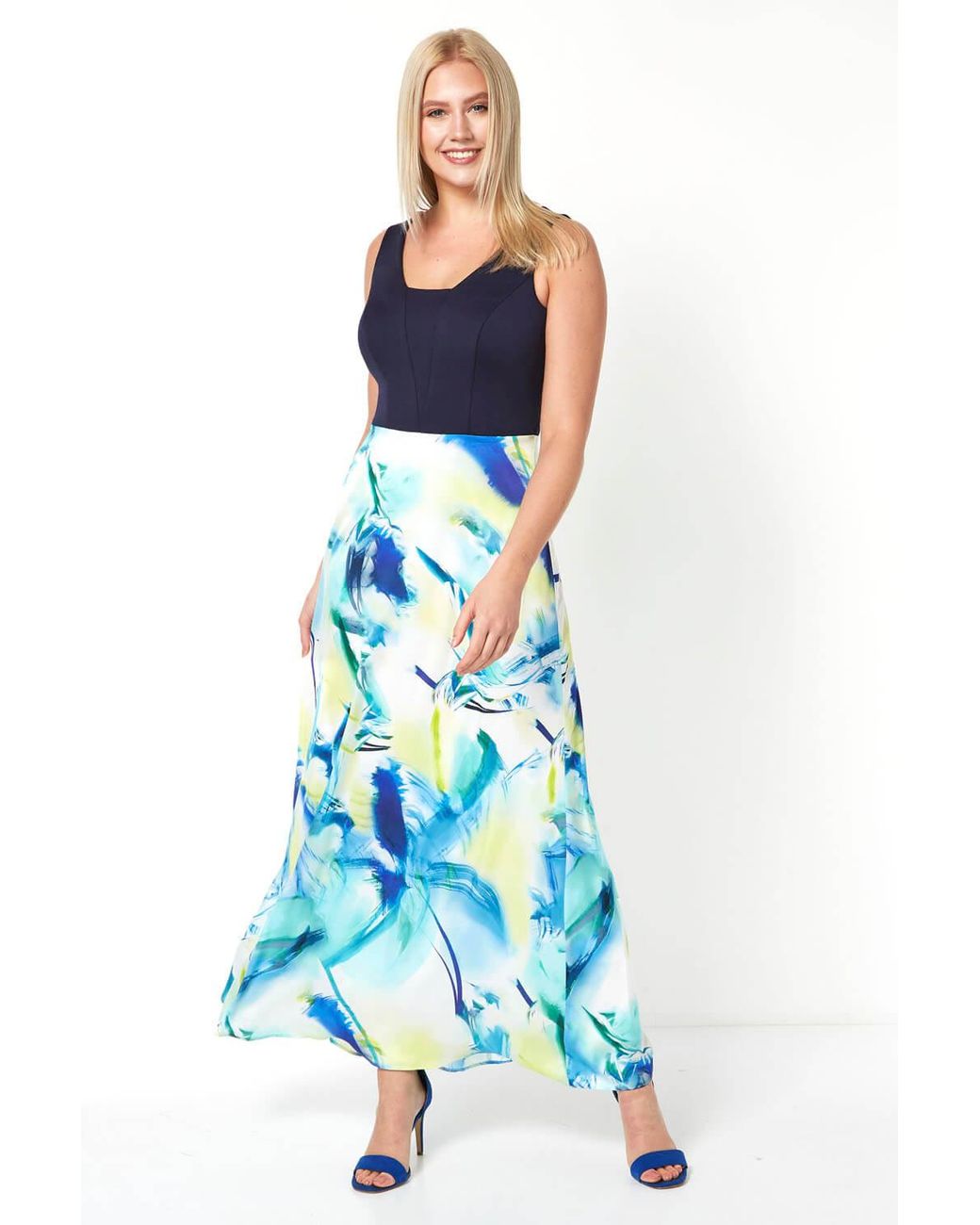 Roman Blue Abstract Print Maxi Dress