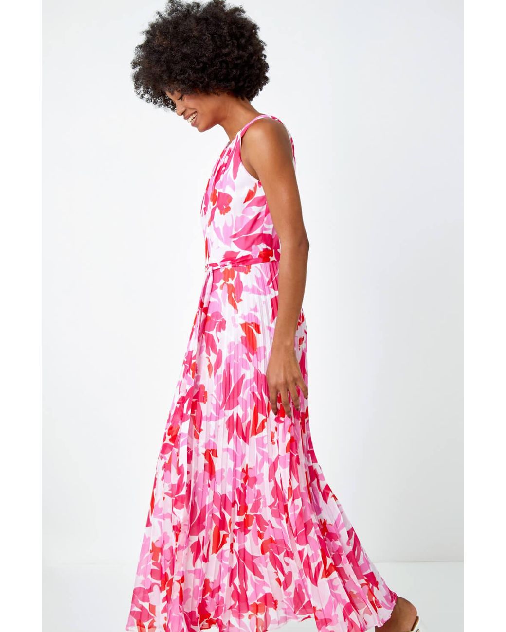 Roman Pink Floral Halter Neck Pleated Chiffon Maxi Dress