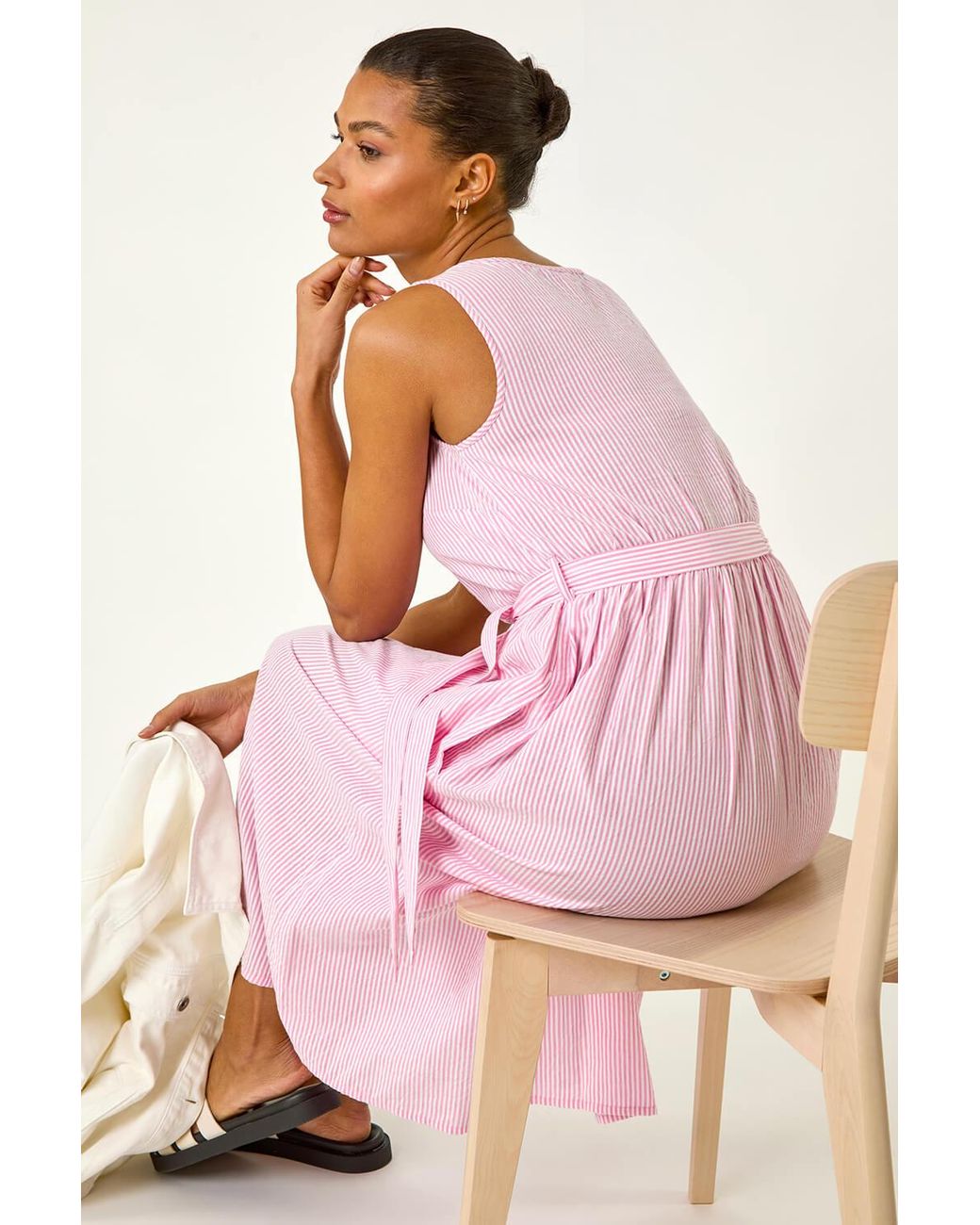 Roman Pink Pinstripe Belted Midi Dress