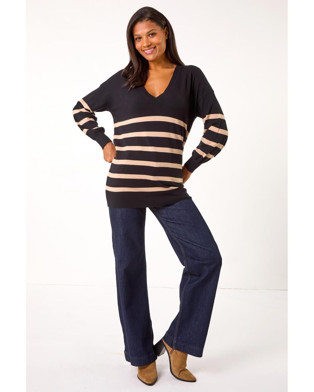 Roman Black Stripe V-Neck Boyfriend Knit Jumper