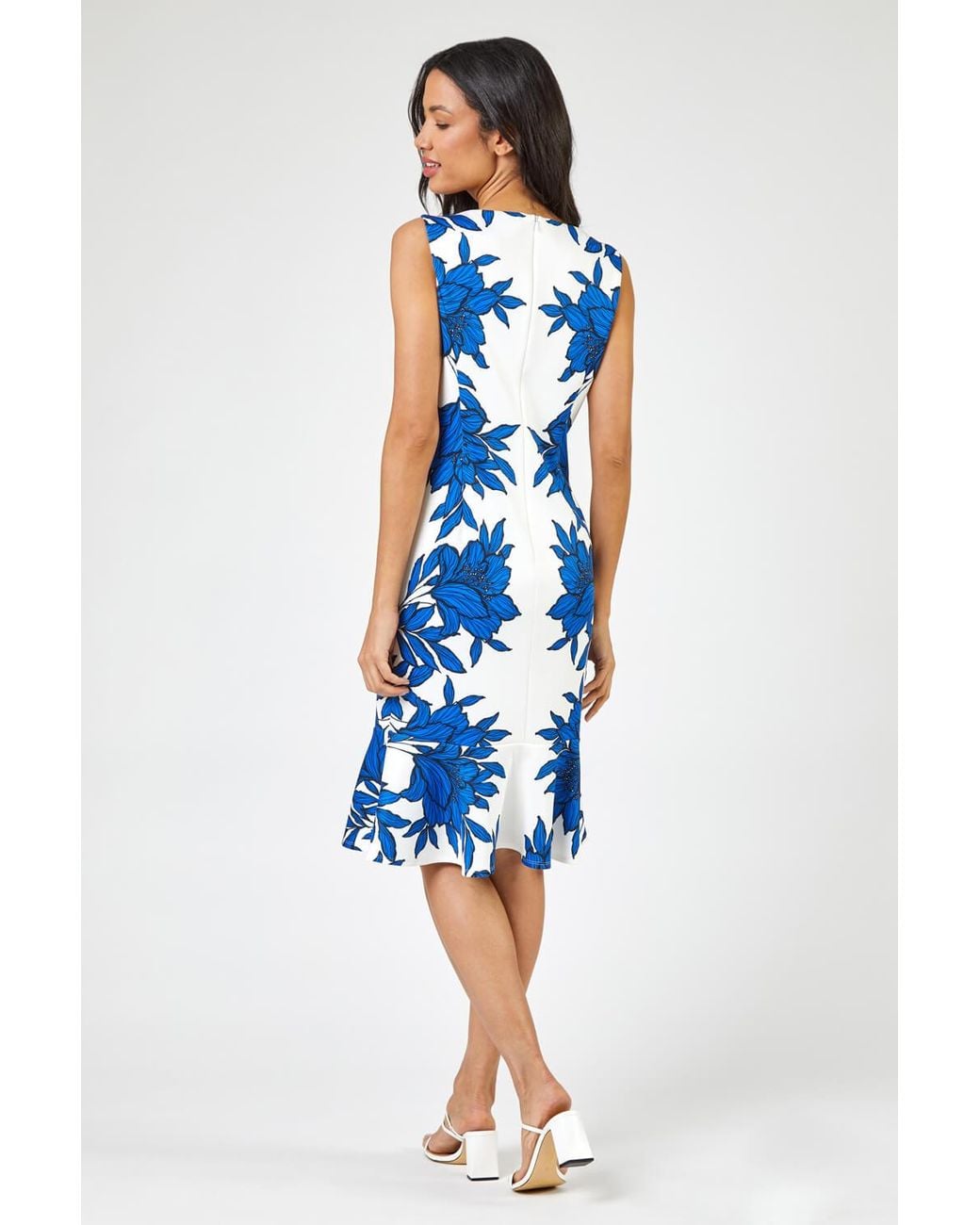 Roman Blue Floral Border Print Frill Stretch Dress