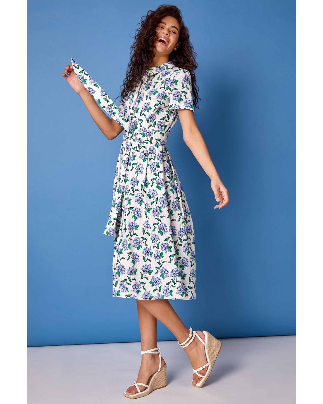 Roman Blue Rose Print Midi Shirt Dress