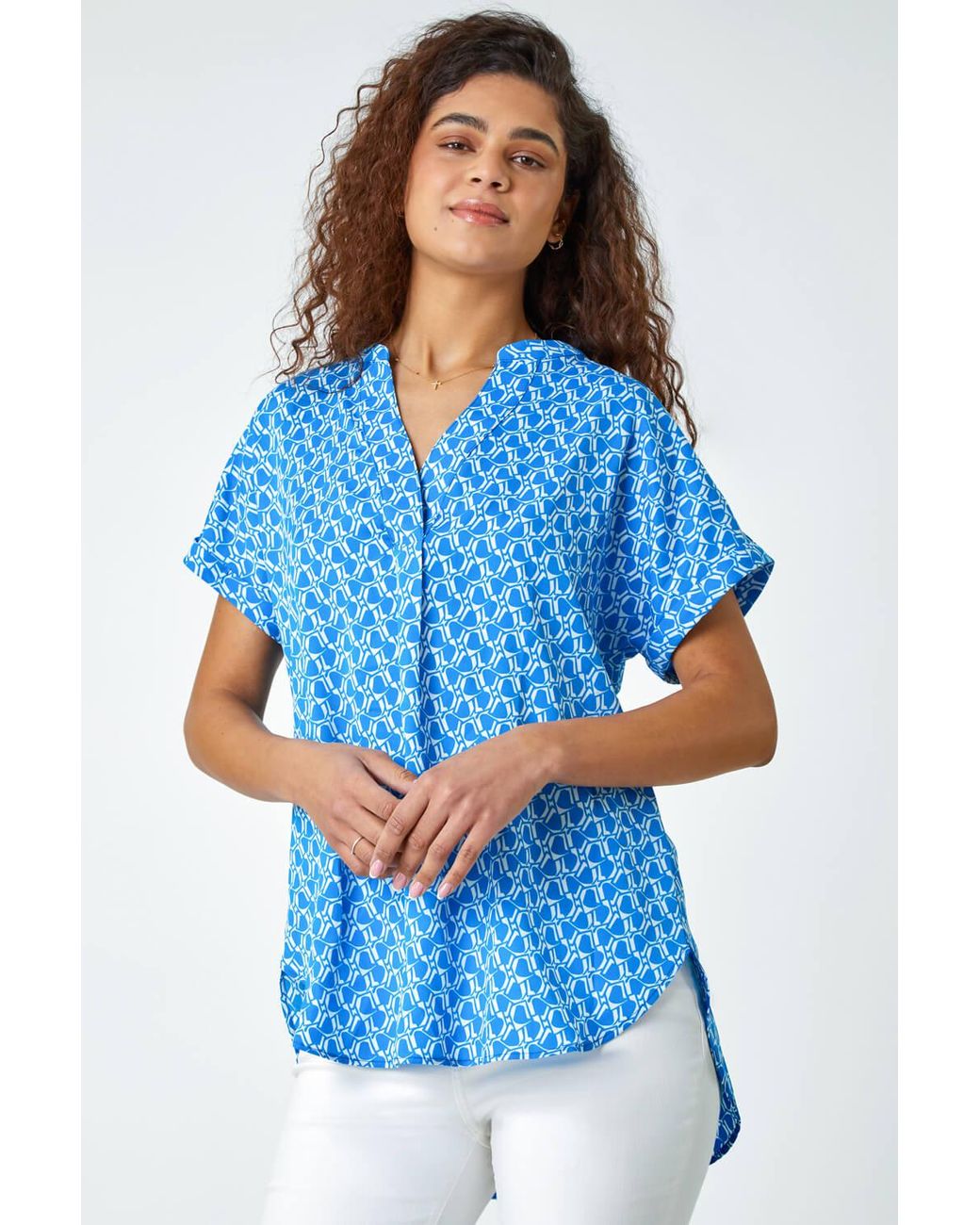 Roman Blue Abstract Print Woven Pleat Front V-Neck Top