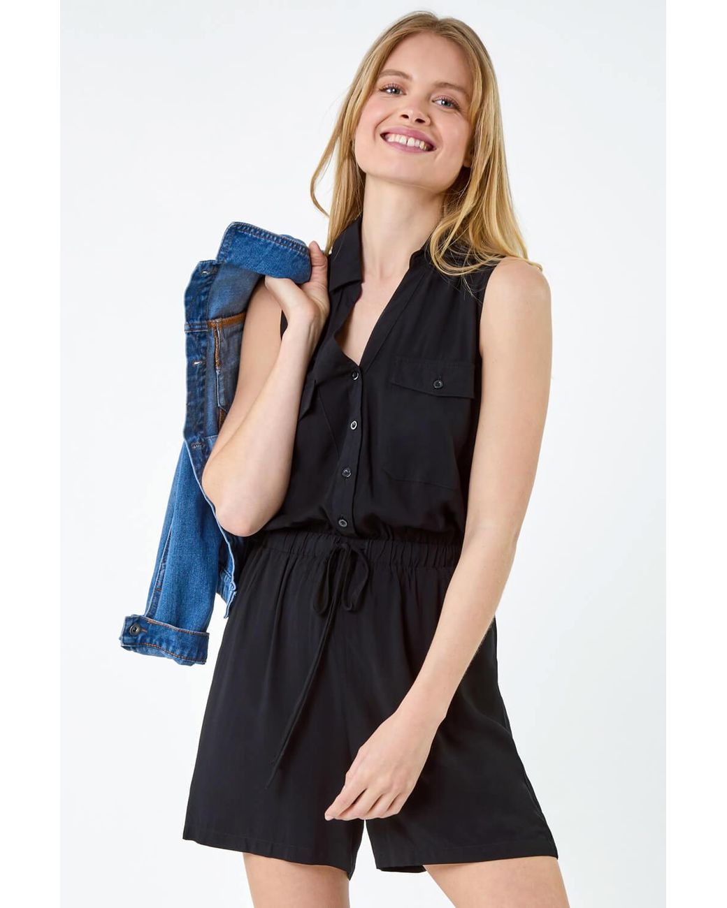 Roman Black Button Through Utility Playsuit