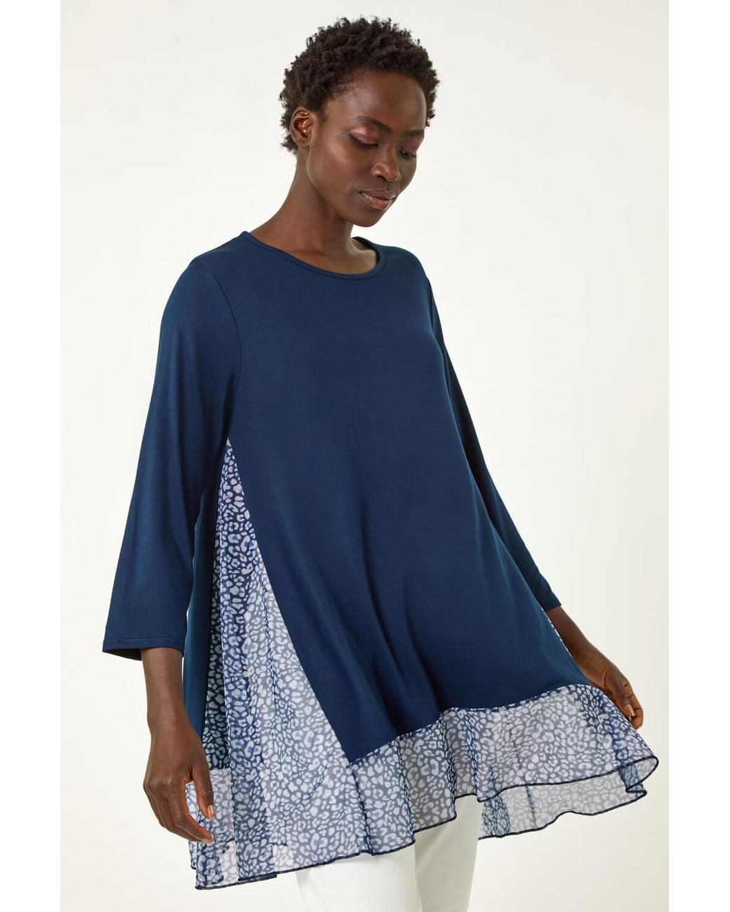 Roman Blue Animal Print Contrast Mesh Hem Stretch Top