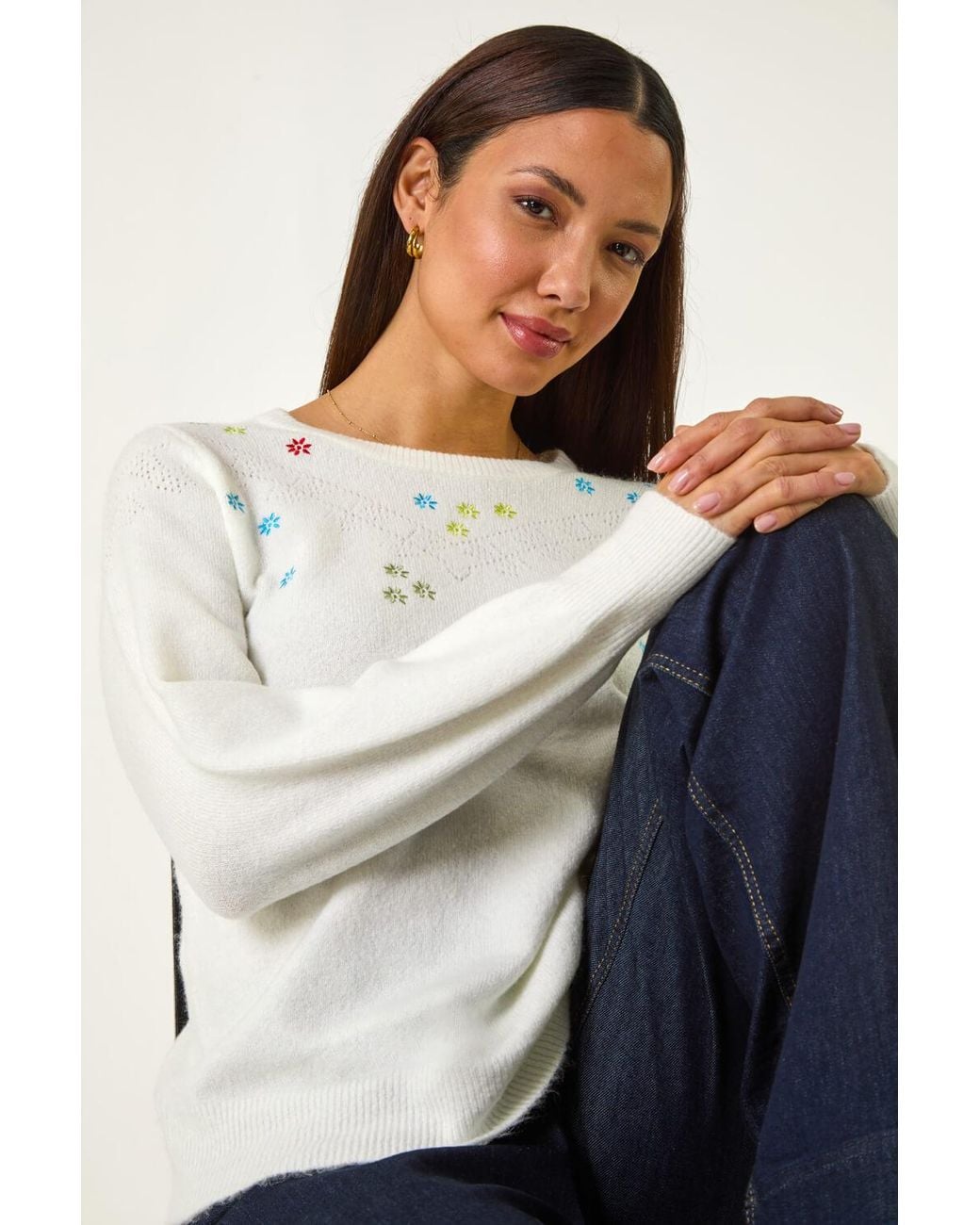 Roman White Embroidered Pointelle Knit Jumper