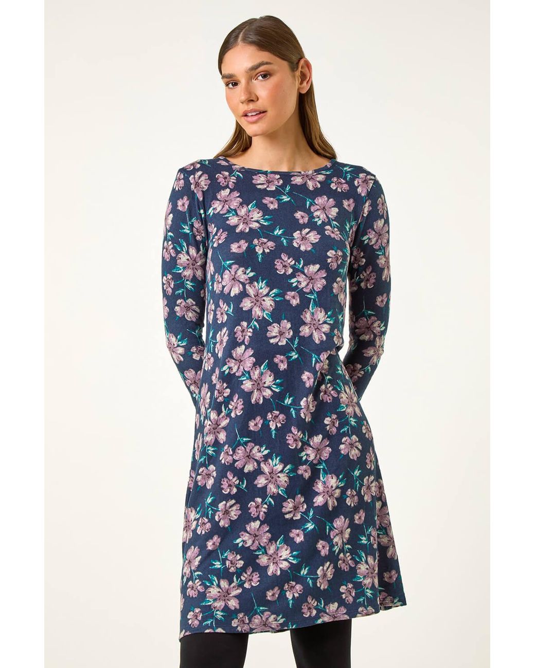 Roman Blue Floral Print Swing Stretch Midi Dress