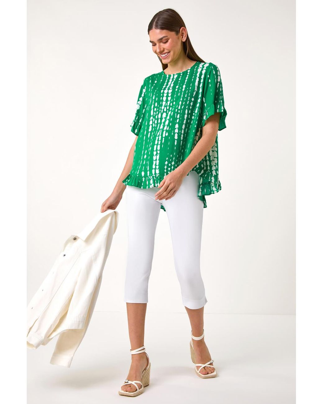 Roman Green Tie Dye Dipped Hem Frill Detail Top