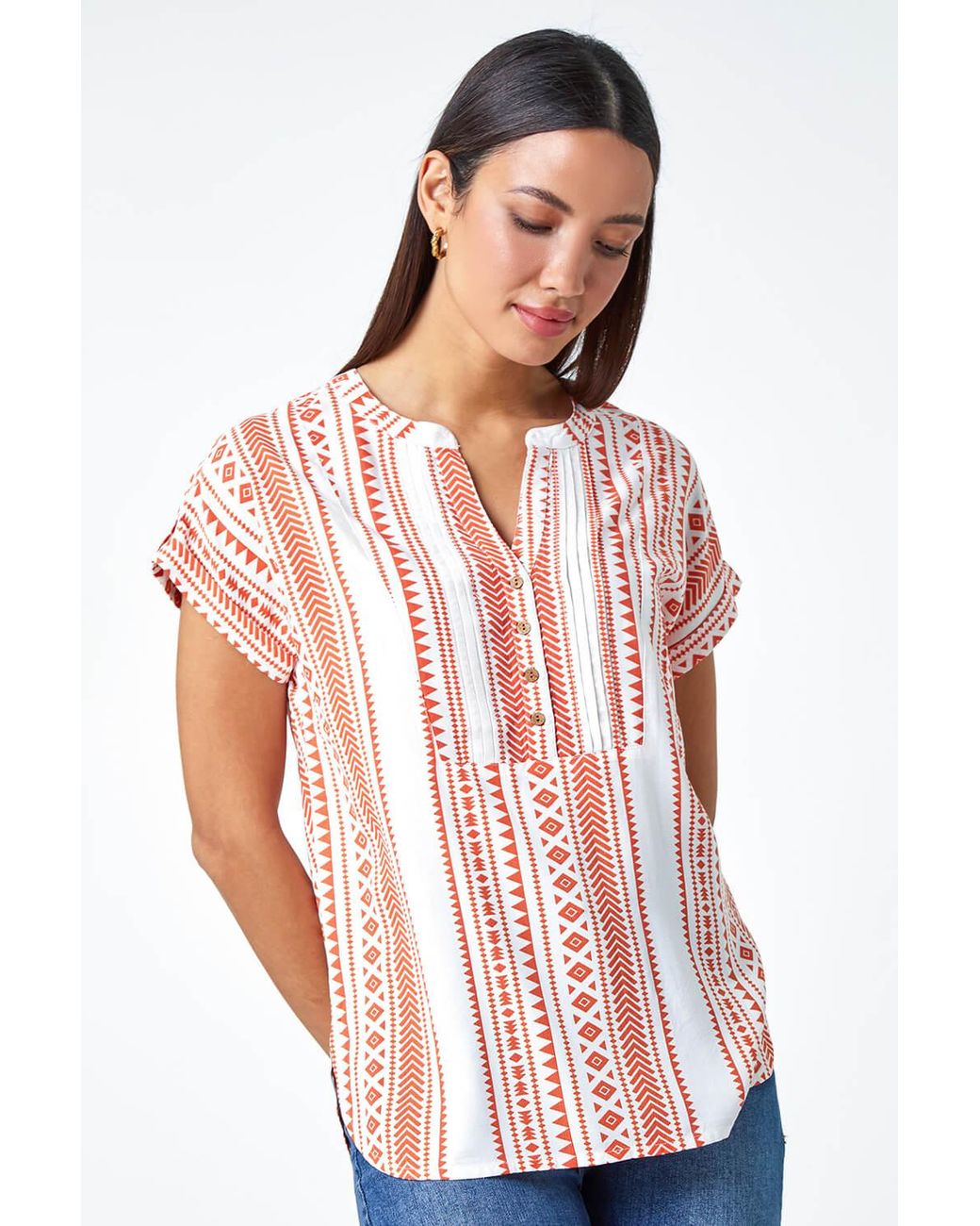 Roman White Aztec Print Button V-Neck Detail Top