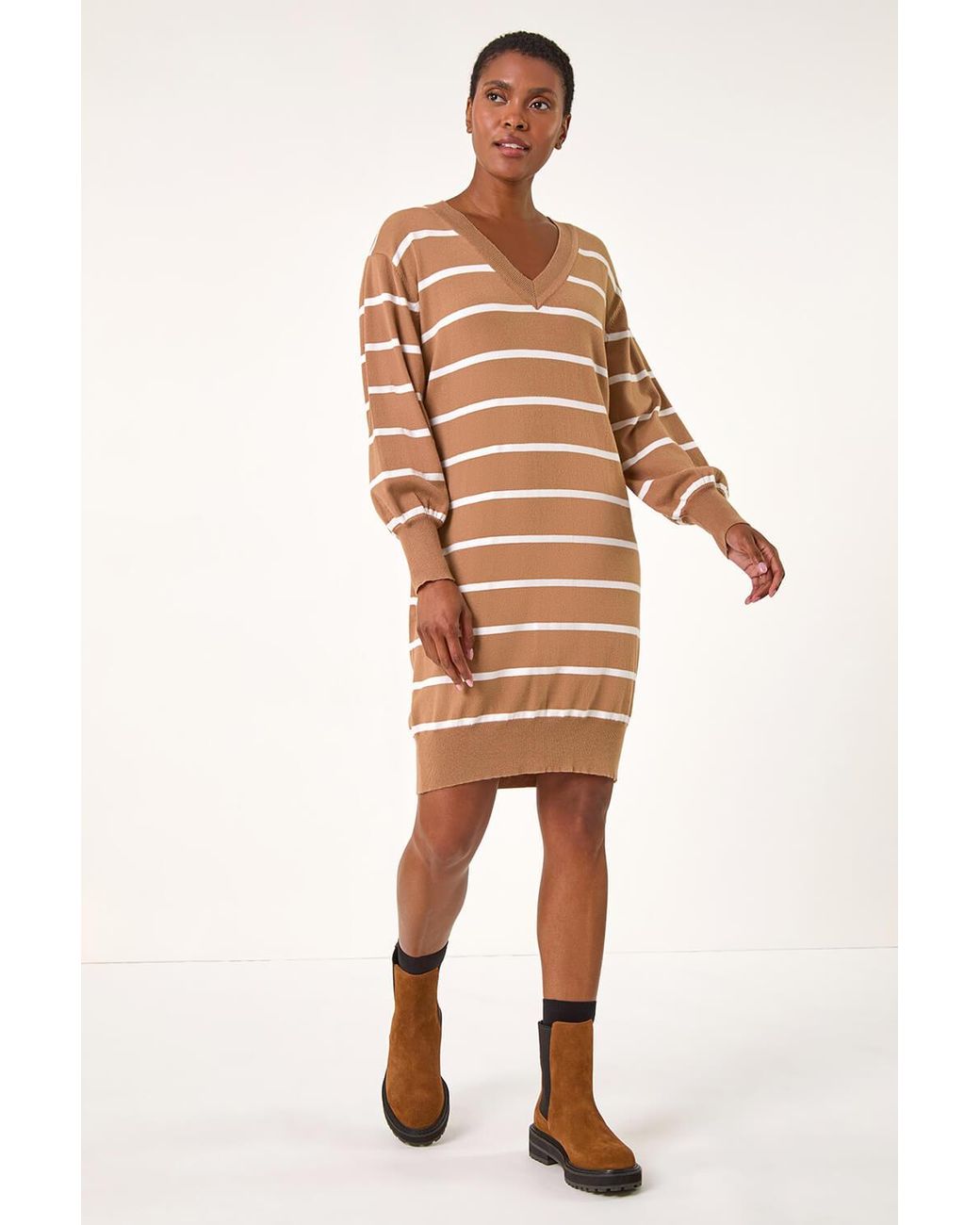 Roman Brown Stripe V-Neck Knit Jumper Dress