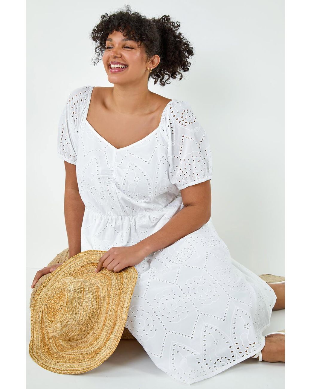 Roman Curve White Cotton Broderie Midi Dress