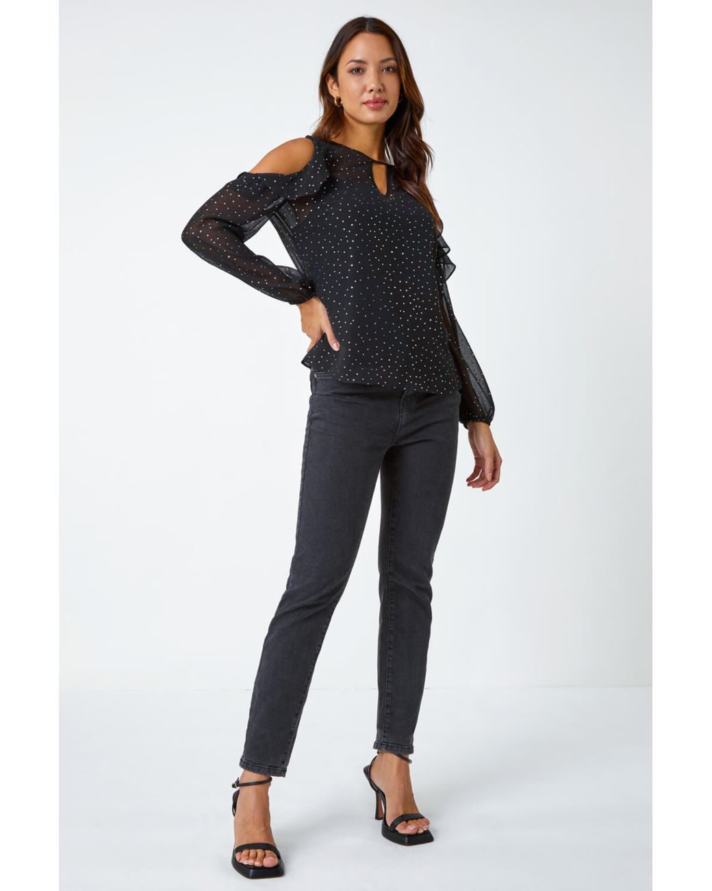 Roman Black Metallic Star Frill Detail Top