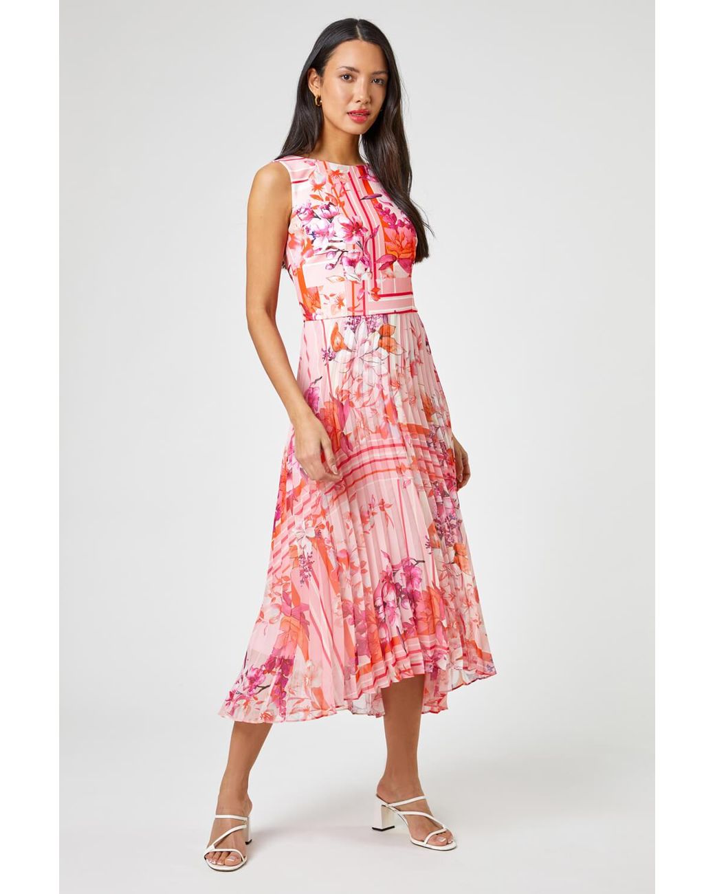 Roman Pink Floral Print Fit And Flare Pleated Dress