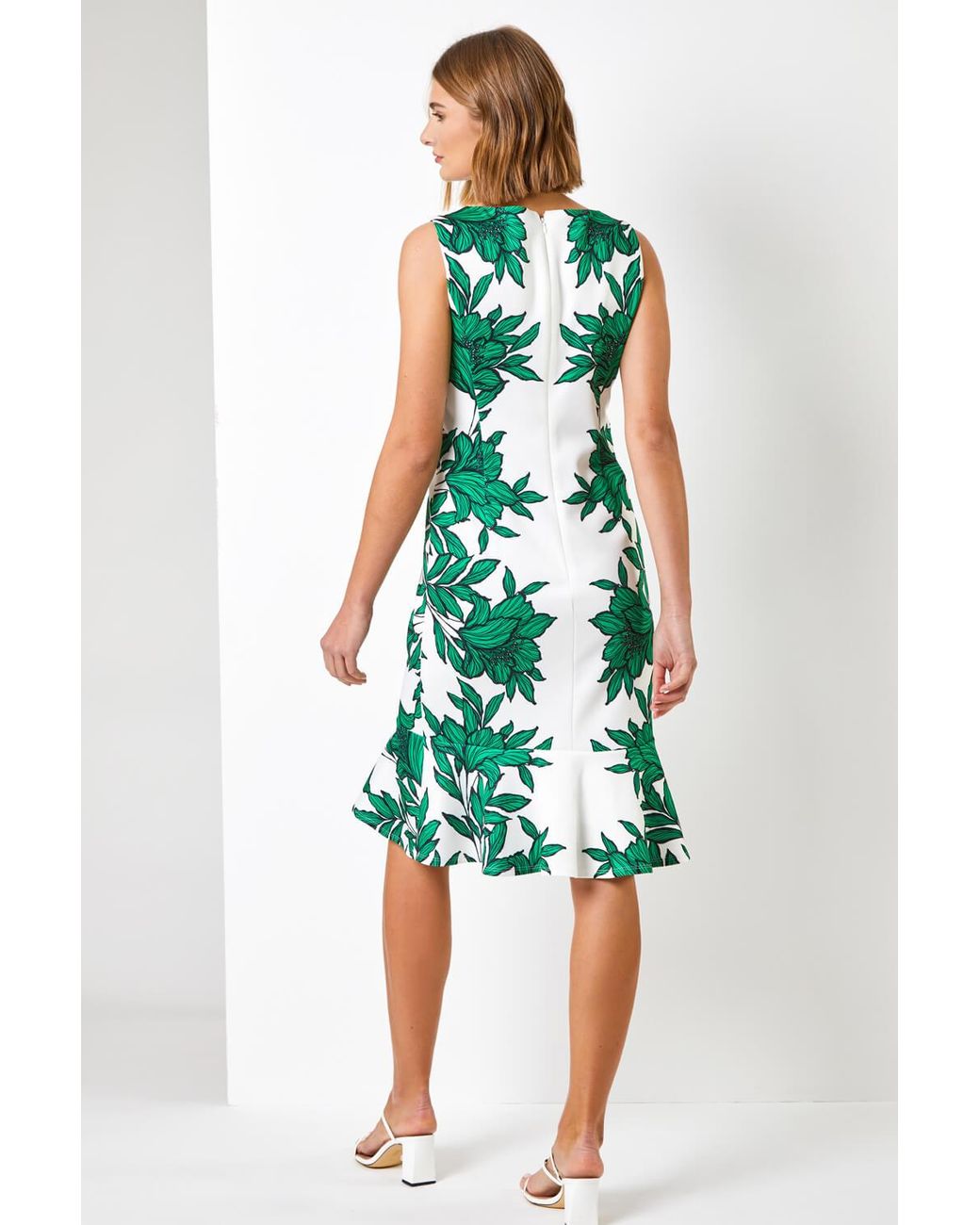 Roman Green Floral Border Print Frill Stretch Dress
