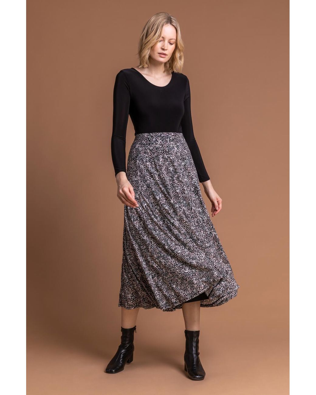 Roman Gray Floral Print Burnout Midi Skirt