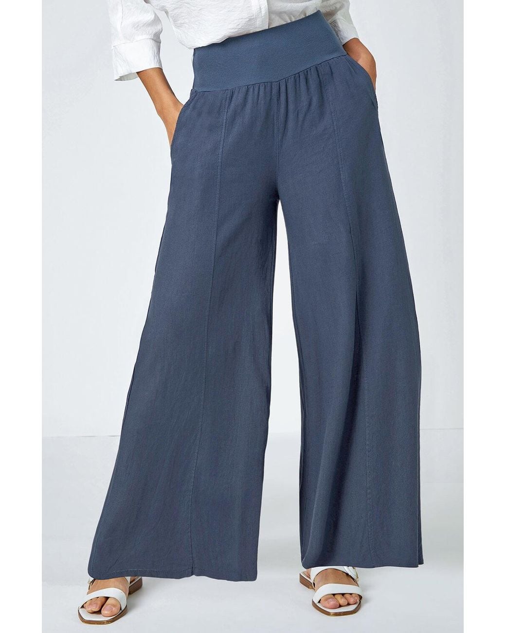 Roman Blue Linen Blend Wide Leg Trousers
