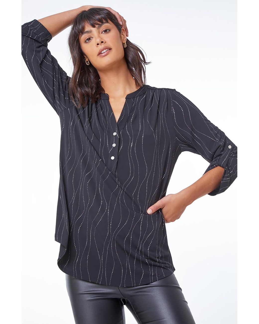 Roman Blue Embellished Notch Neck Stretch Tunic Top