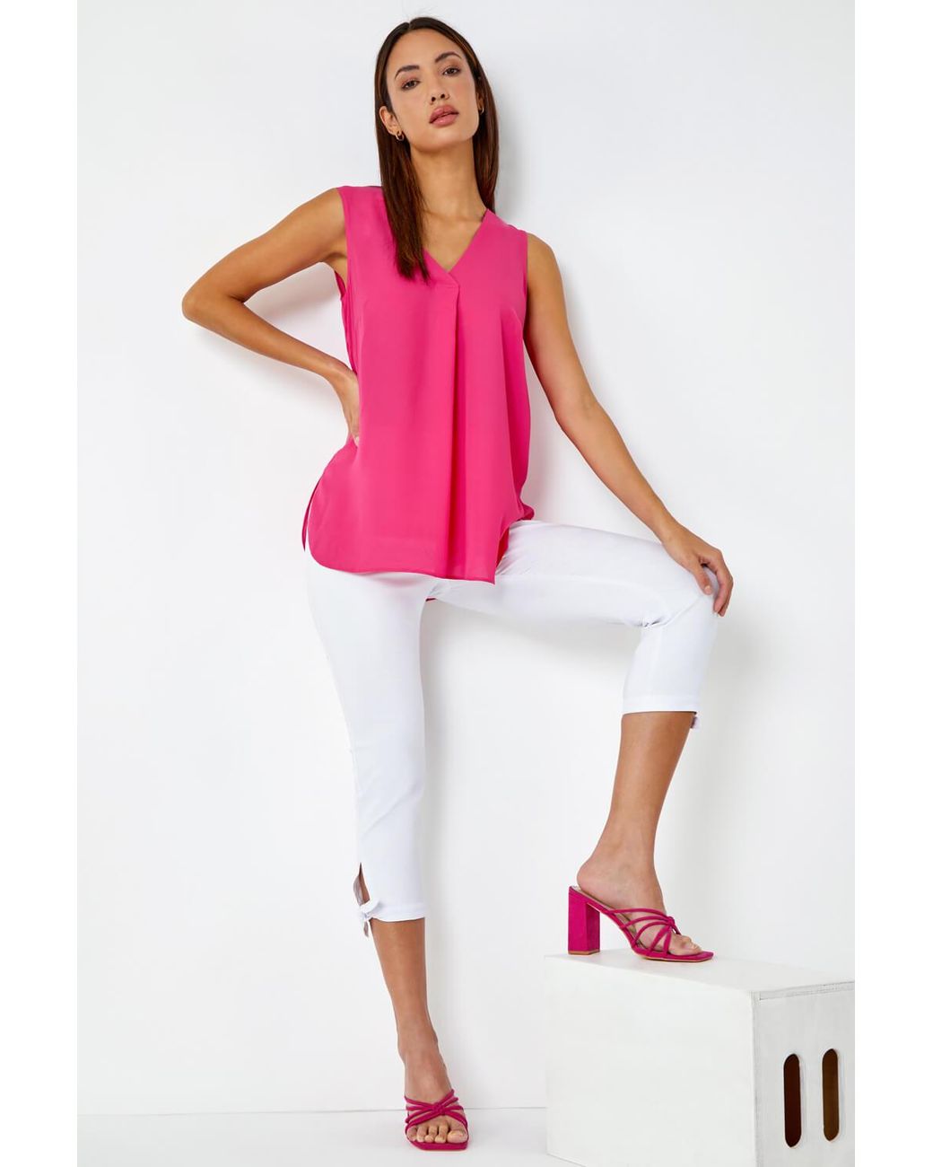 Roman Pink Elastic Waist Tie Hem Cropped Trousers