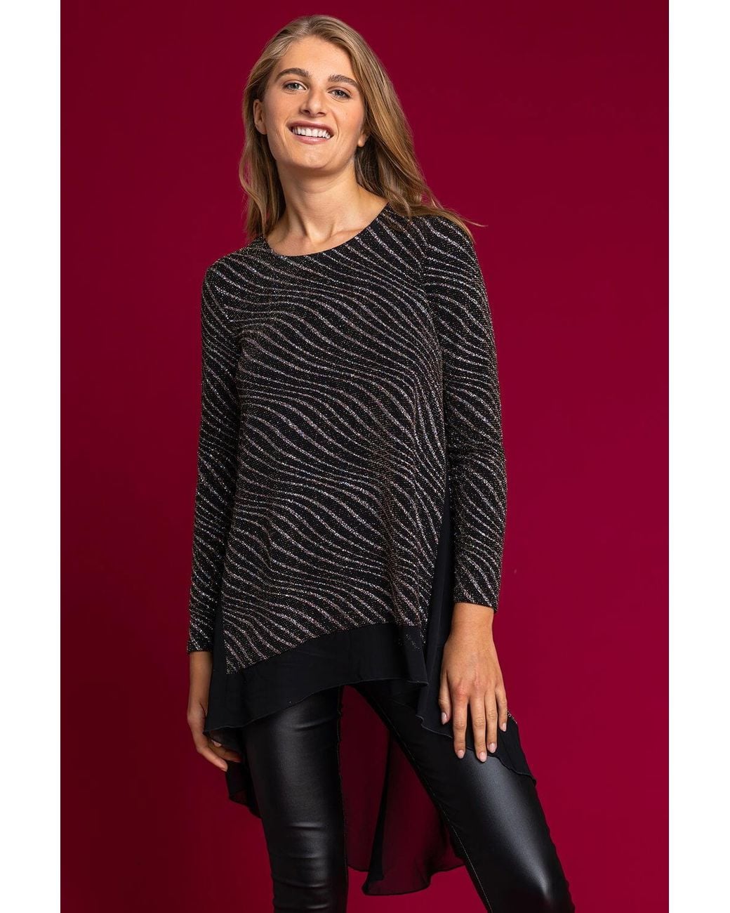 Roman Metallic Glitter Wave Dipped Hem Tunic Top