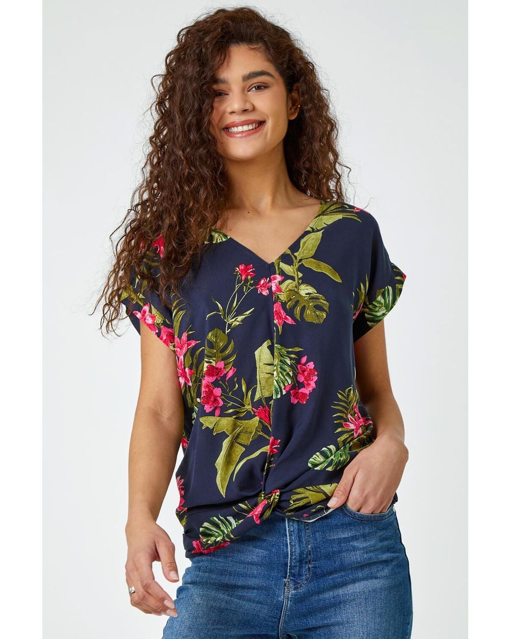 Roman Blue Floral Palm Print V-Neck Twist Top