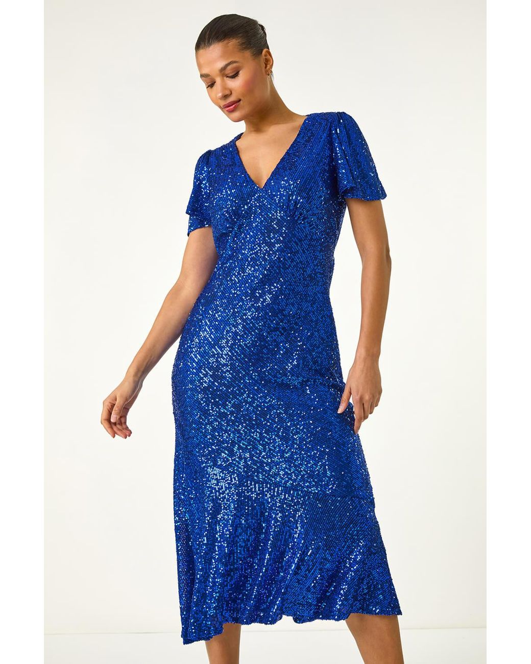 Roman Blue Sequin V-Neck Stretch Midi Dress