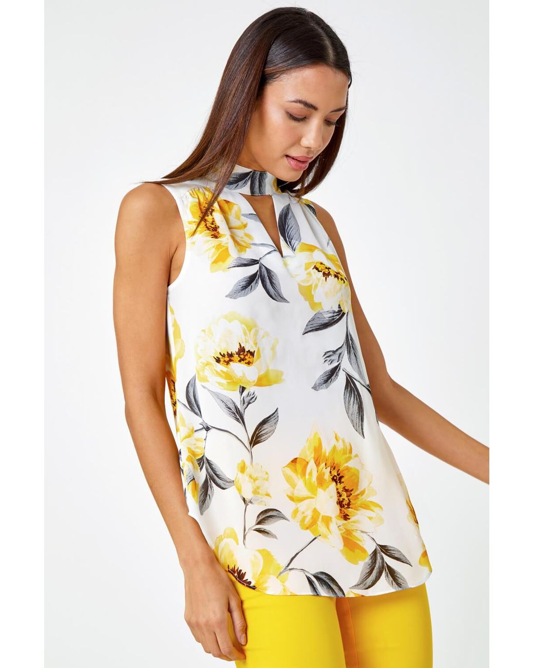 Roman Blue Floral Print High Neck Sleeveless Top