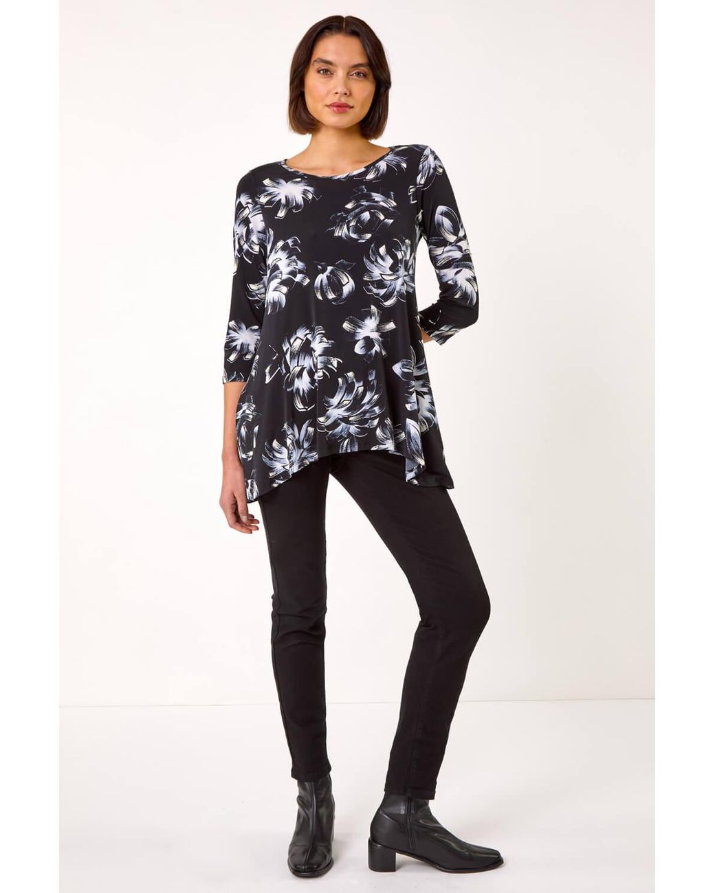 Roman Black Floral Print Textured Top
