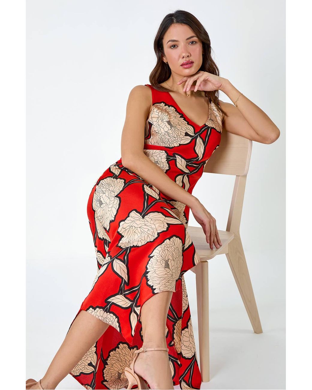 Roman Red Floral Print Satin Bodycon Midi Dress
