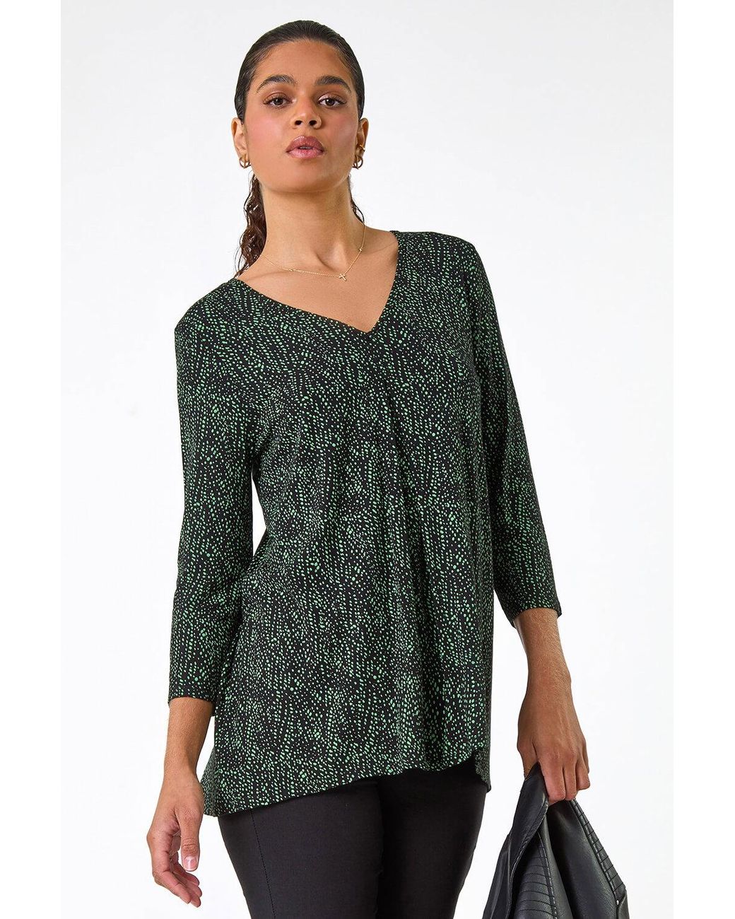 Roman Green Spot Print Pleat Front Tunic Top