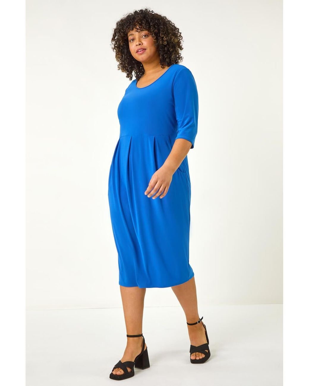 Roman Curve Blue Pocket Shift Midi Dress