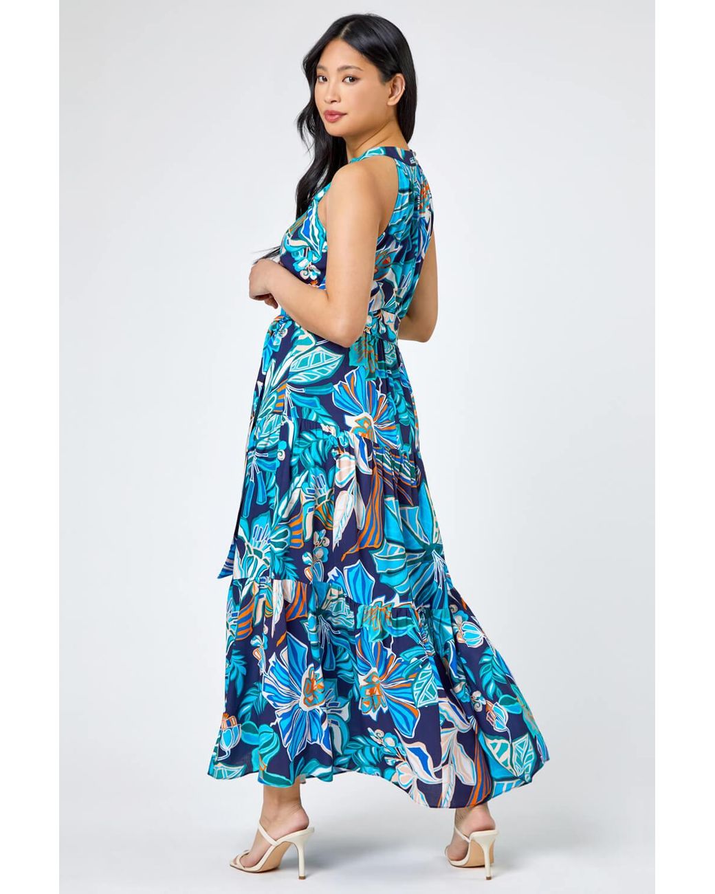 Roman Petite Blue Floral Print Tiered Dress