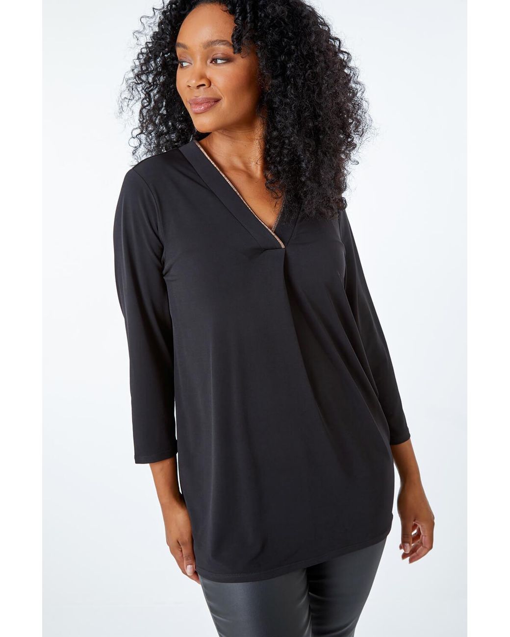 Roman Petite Black Metallic Trim V-Neck Jersey Top