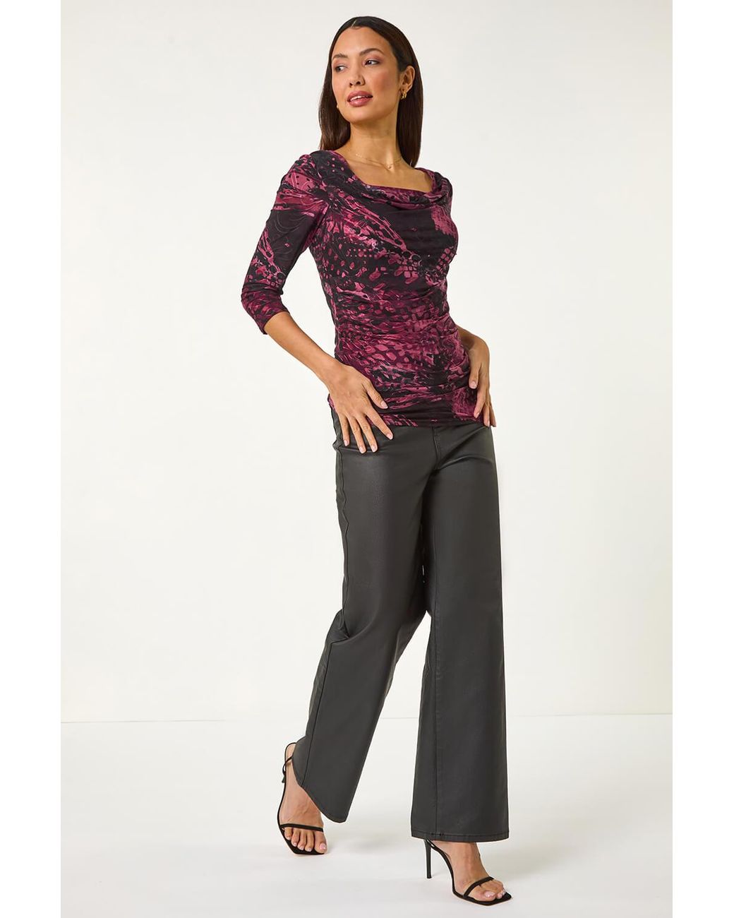 Roman Red Printed Cowl Neck Stretch Top