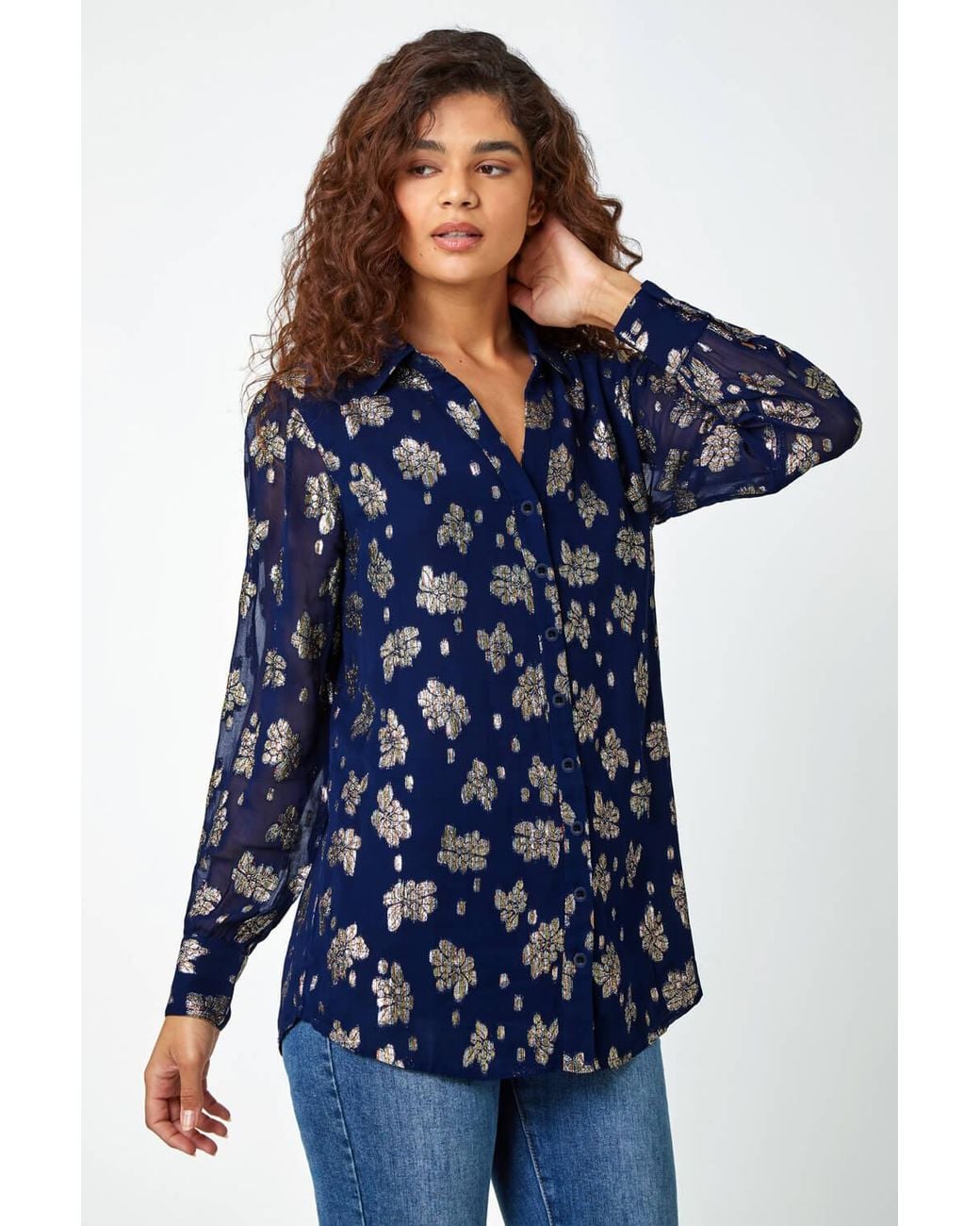 Roman Blue Metallic Floral Print Blouse