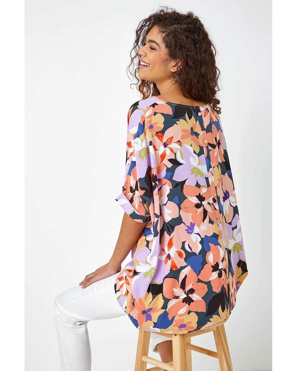 Roman White Floral Print Button Back Top