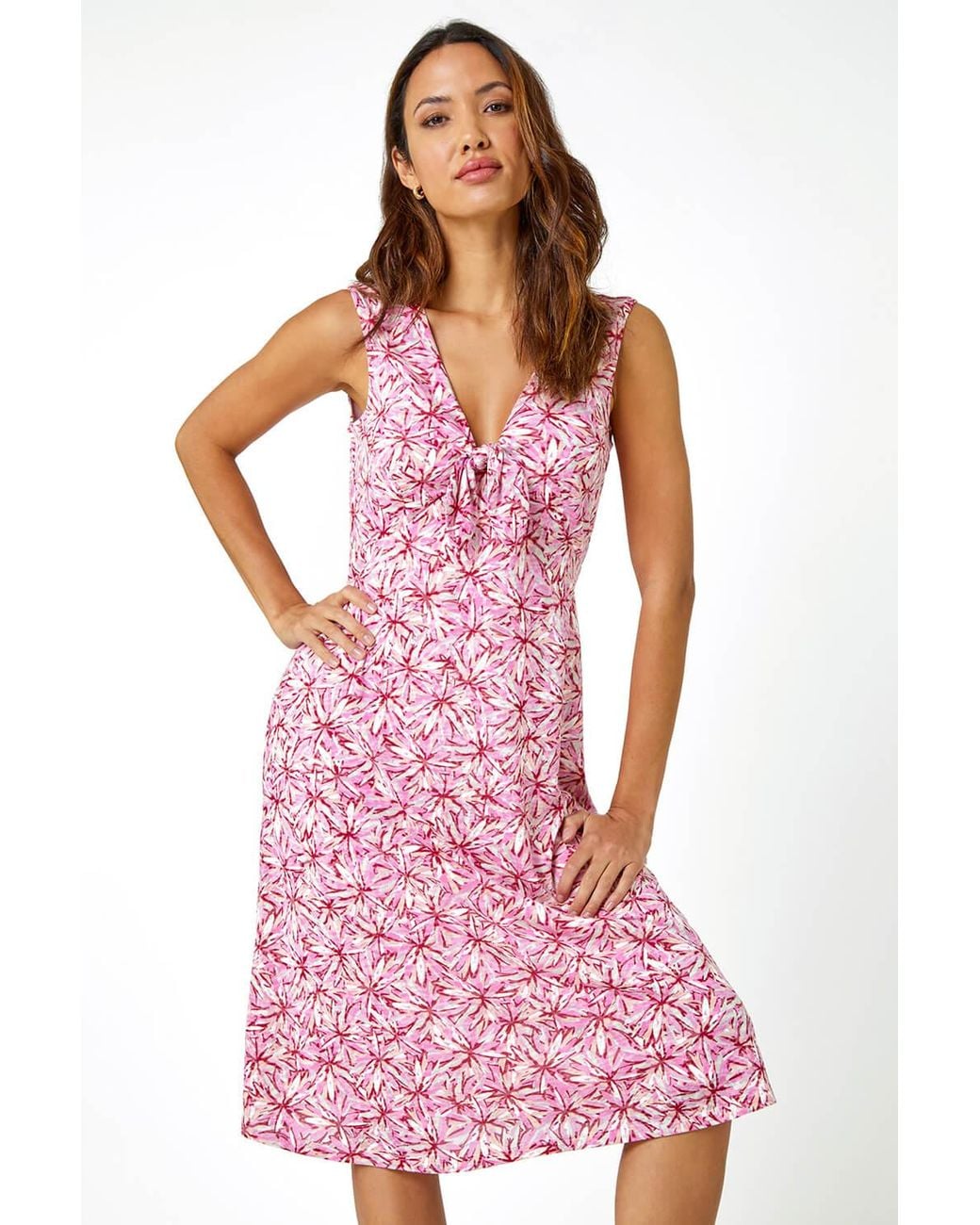 Roman Pink Sleeveless Tie Detail Floral Dress
