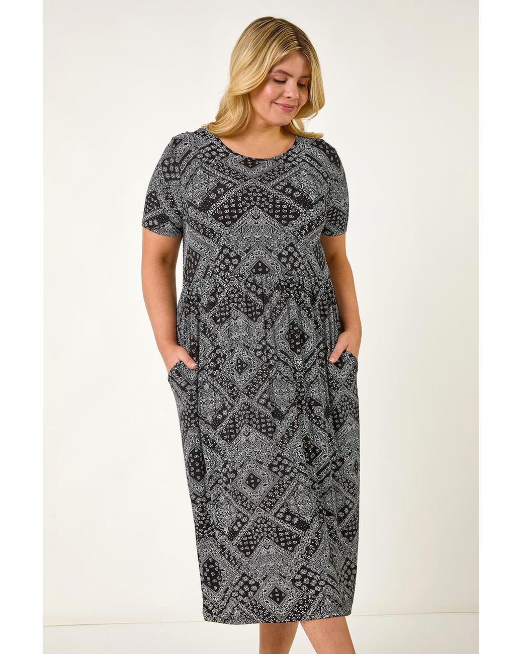 Roman Curve Black Paisley Print Stretch Midi Dress