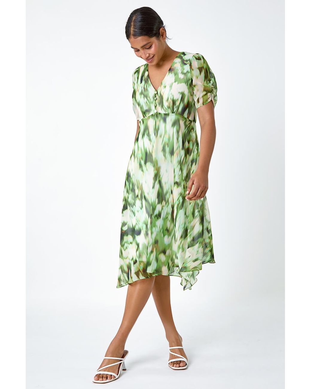 Roman Green Abstract Chiffon Hanky Hem Asymmetric Dress