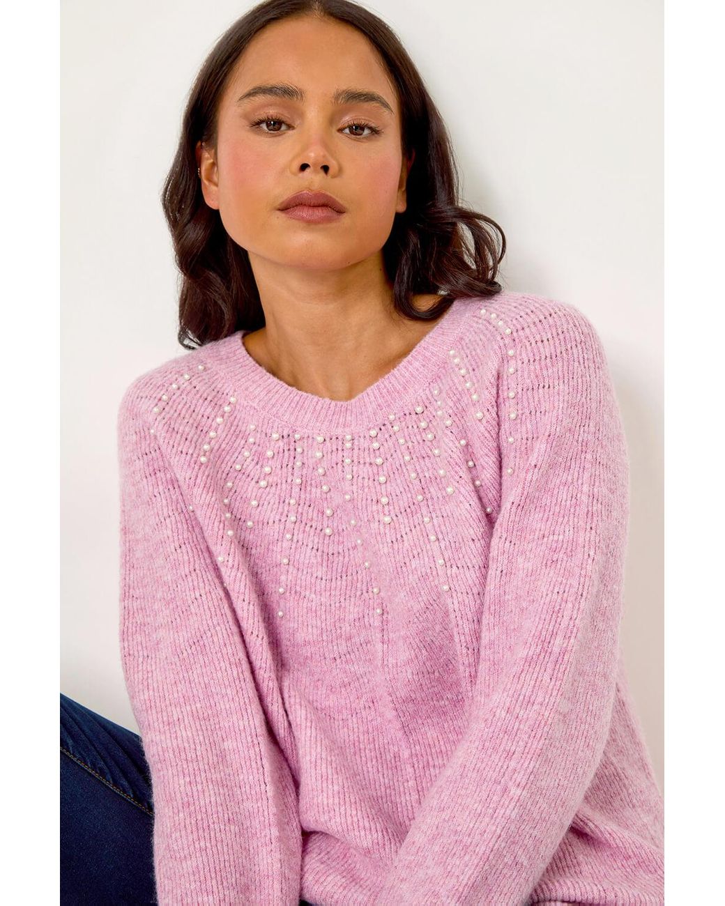 Roman Petite Pink Pearl Embellished Knit Jumper