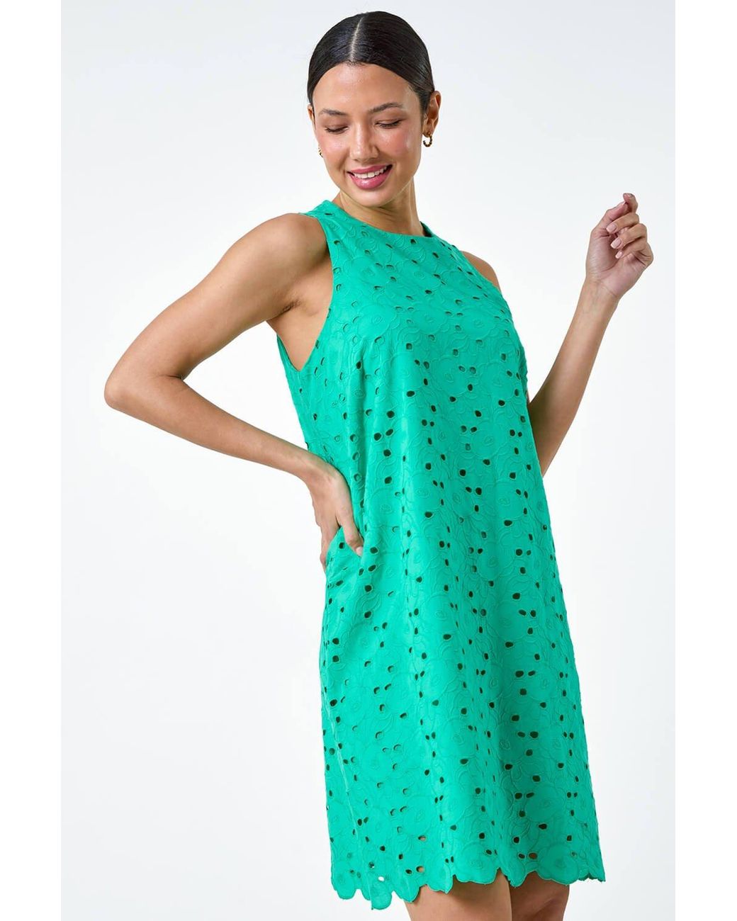 Roman Cotton Embroidery Detail Shift Dress in Green | Lyst UK