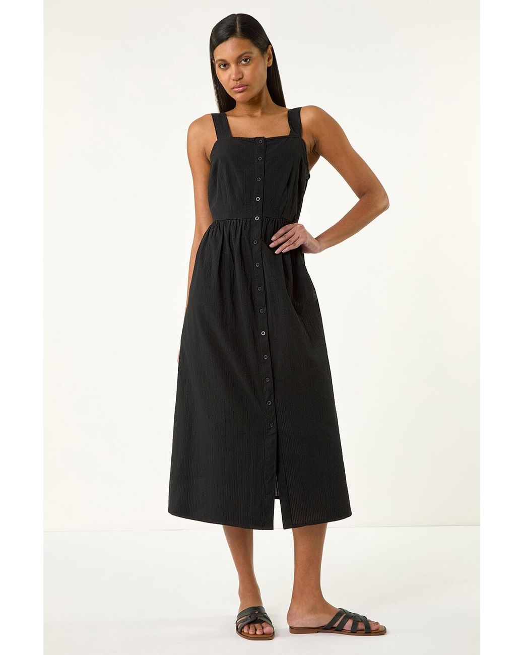 Roman Black Seersucker Button Midi Sundress